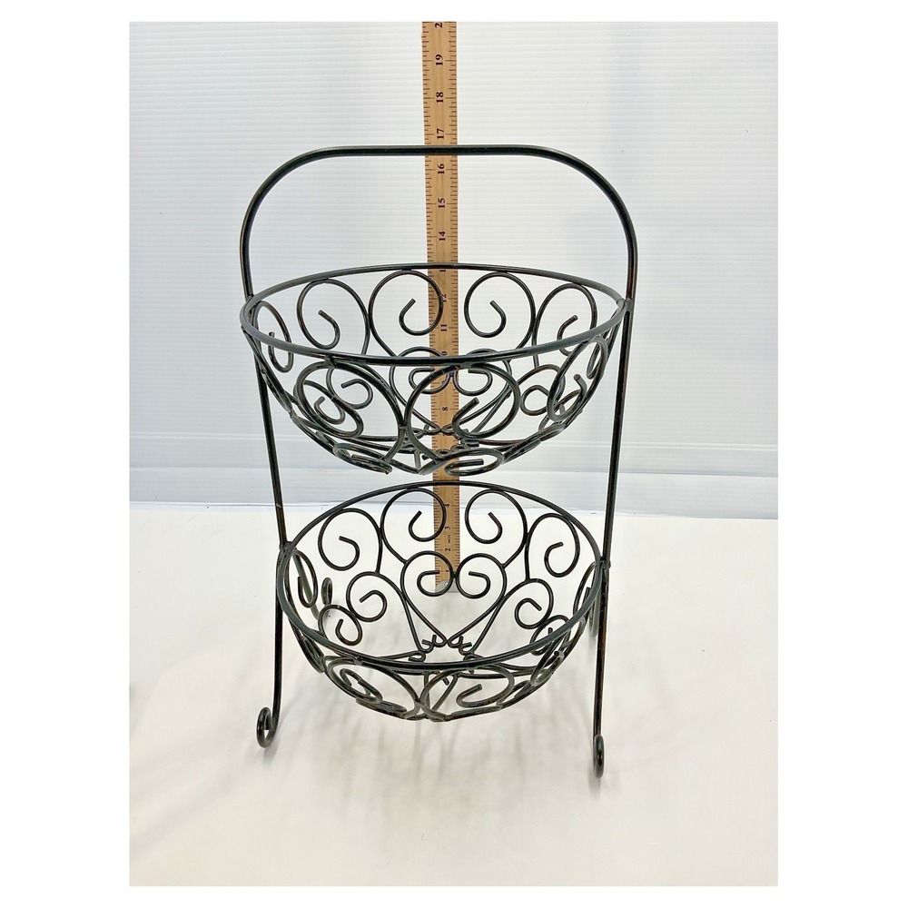 Black Metal 2-Tier Fruit Basket Stand‎ with Scroll Design